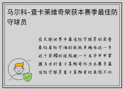 马尔科-查卡莱维奇荣获本赛季最佳防守球员